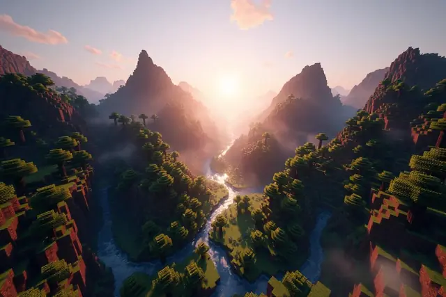 Weitläufige Minecraft-Landschaft mit Canyons und Flüssen im Morgenlicht