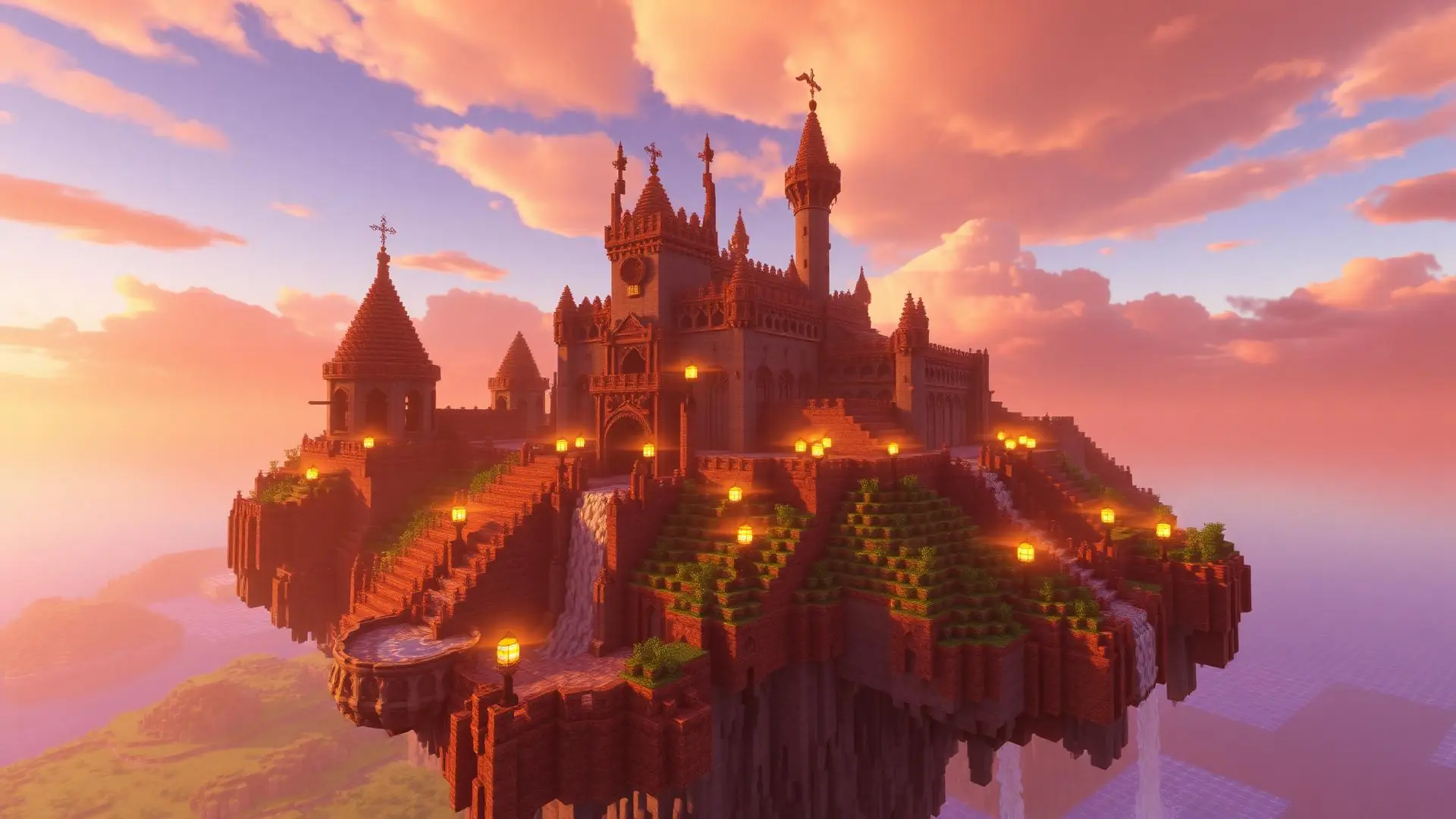 Schwebende Minecraft-Festung mit Wasserfällen im Abendlicht
